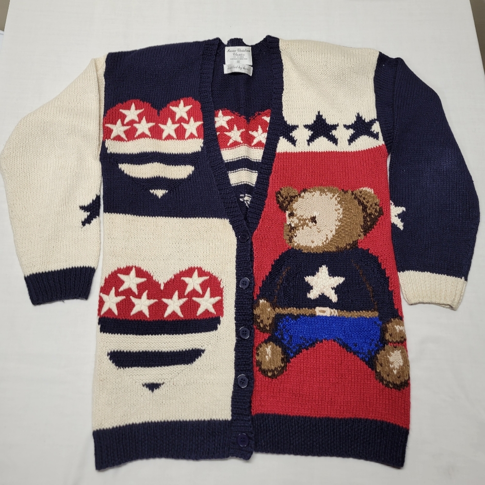 Vintage Marisa Christina Knit Patriotic USA Bear Cardigan Flag Button Size M